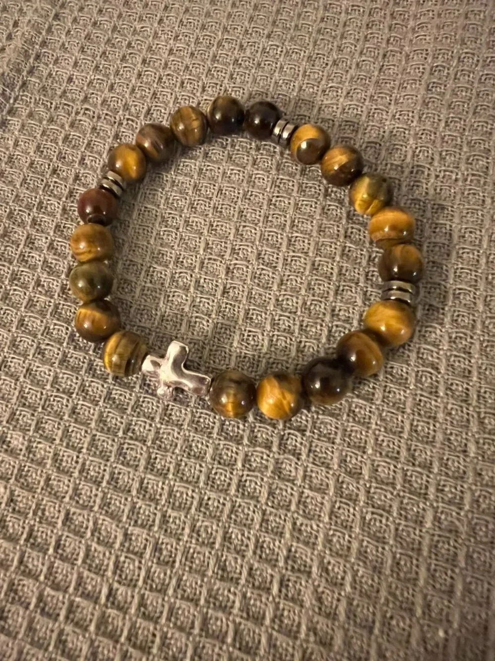 Designs by Forte Unisex Tiger's Eye & Silver Cross Stretch Bracelet
